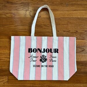 Sezane Bonjour Amour Tour Pink & White Canvas Shopper Tote Bag